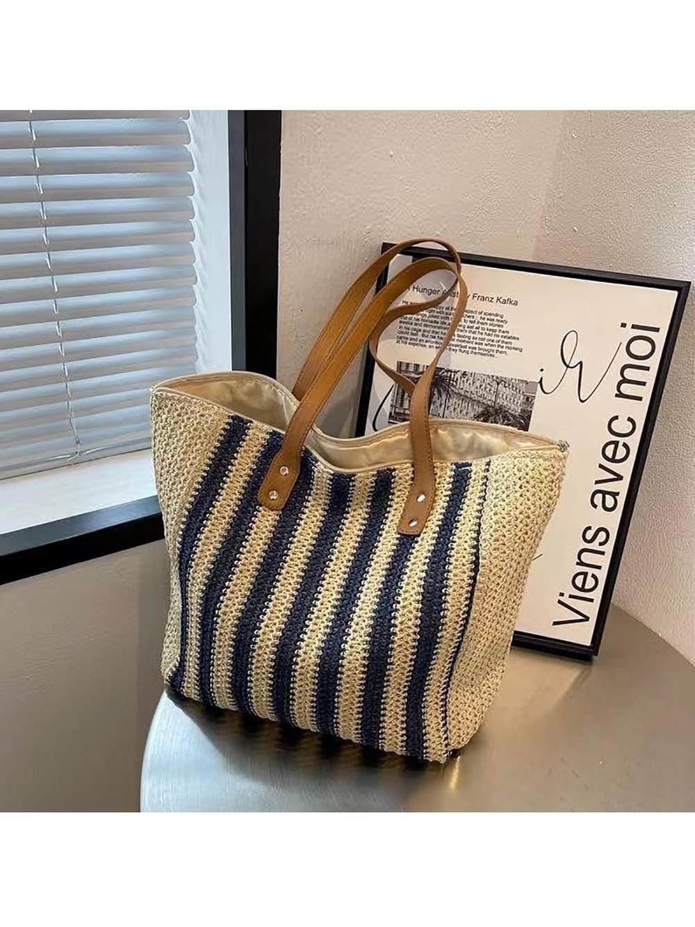 Striped Crochet Tote Bag with Leather Handles - Navy & Cream